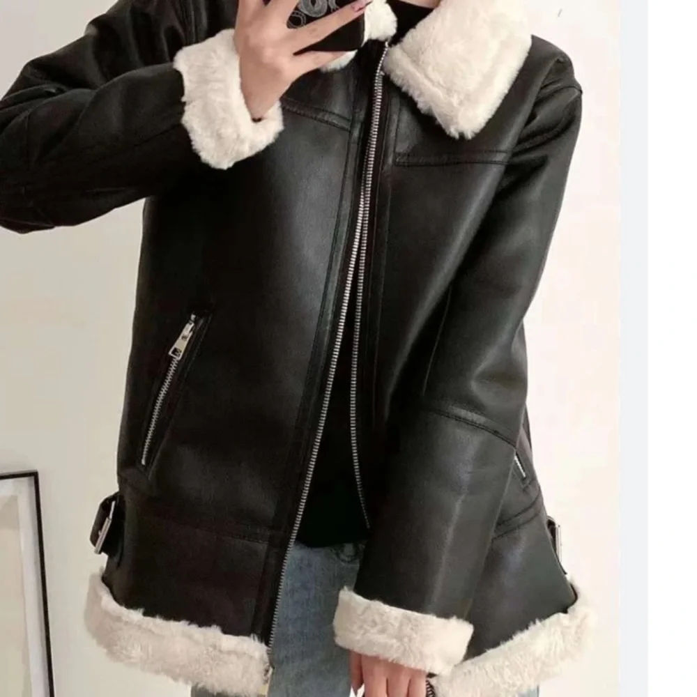 81 moto jacket faux leather faux fur zip up black coat jacket - Picture 1 of 13